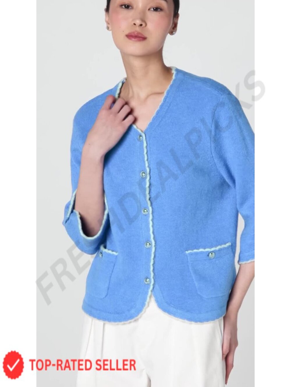 Contrast Scallop Trim Cardigan with Feminine Details - Picture 4 of 4